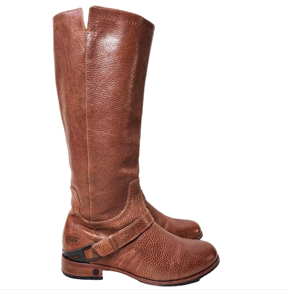 UGG Channing Tall Riding Boots Sz 7.5 Chestnut Pebbled Leather 3184 - Picture 3 of 14